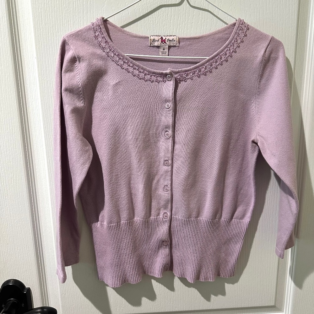 Pink Poodle Vintage Pink Cardigan Sweater with Beaded Neckline